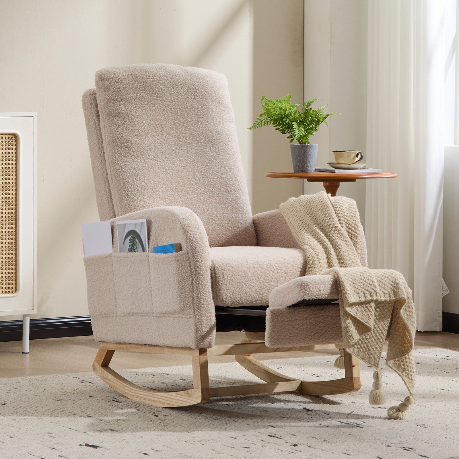 Modern Accent Rocking Chair Rocking Chair With Solid Wood Legs, Upholstered Nursery Glider Rocker, Comfy Armchair With Side Pocket, Living Room Lounge Arm Chair With High Backrest (Beige,teddy)_voghion.com
